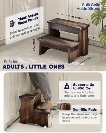 FANATU Wooden Two Step Stool, Heavy Duty 2-Step Ladder for Adults & Kids, Supports up to 450lbs for Kitchen, Bathroom or Bedside Use (Walnut Finish)