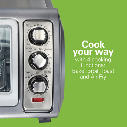 Hamilton Beach Air Fryer Toaster Oven Combo with Large Capacity, Fits 6 Slices or 12” Pizza, 4 Cooking Functions for Convection, Bake, Broil, Roll-Top Door, Easy Reach Sure-Crisp, Stainless Steel