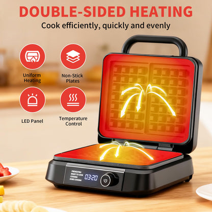 Waffle Maker, 1400W Belgian Waffle Maker, Dual Rectangular Thick Waffle Iron, 7-Level Browning LED Panel, Nonstick Plates, Anti-spill Design, Audible Ready Beep, Easy Cleanup, Stainless Steel