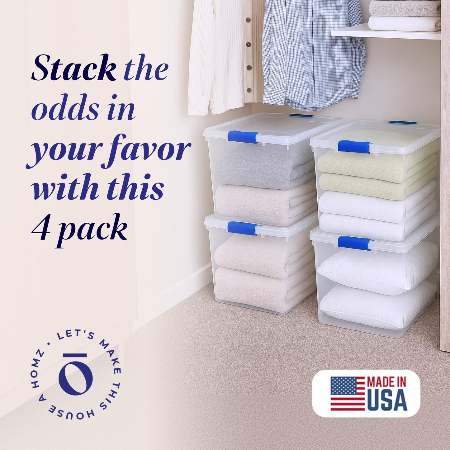 HOMZ 4-Pack 31 Quart Latching Lid, Clear Plastic Storage Organizer Bins, Blue – Stackable Containers for Home & Office Shelves, Kitchen, Garage, and Bathroom Organization