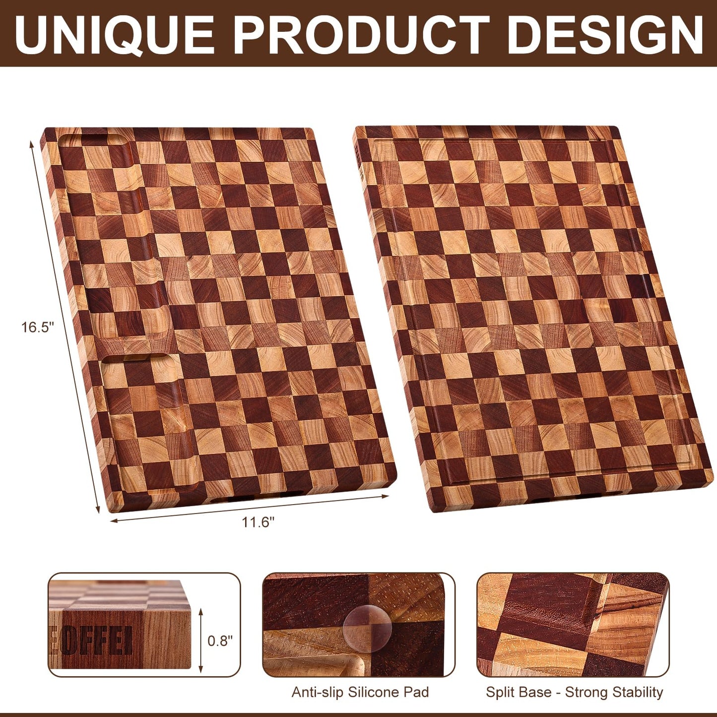 BIEOFFEI Checkered Cutting Board with Stand, Dual-Sided Wood Cutting Board with Juice Groove, 16.5x11.6 Inch Butcher Block Serving Tray, Chopping Board for Kitchen Gifts