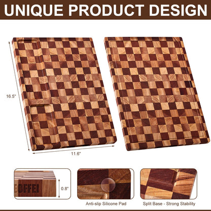 BIEOFFEI Checkered Cutting Board with Stand, Dual-Sided Wood Cutting Board with Juice Groove, 16.5x11.6 Inch Butcher Block Serving Tray, Chopping Board for Kitchen Gifts