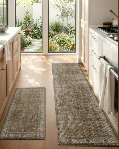 LUMI Anti Fatigue Kitchen Floor Mats Set of 2,Cushioned Comfort Standing PVC Rug Waterproof 2PCS, Non-Slip Ergonomic Foam Runner for Sink, Laundry, Office & Home,17x29+17x59,Tawny Echo