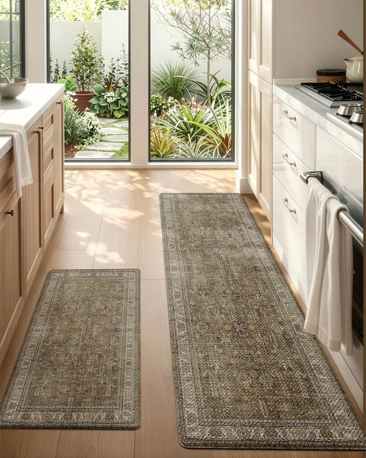 LUMI Anti Fatigue Kitchen Floor Mats Set of 2,Cushioned Comfort Standing PVC Rug Waterproof 2PCS, Non-Slip Ergonomic Foam Runner for Sink, Laundry, Office & Home,17x29+17x59,Tawny Echo