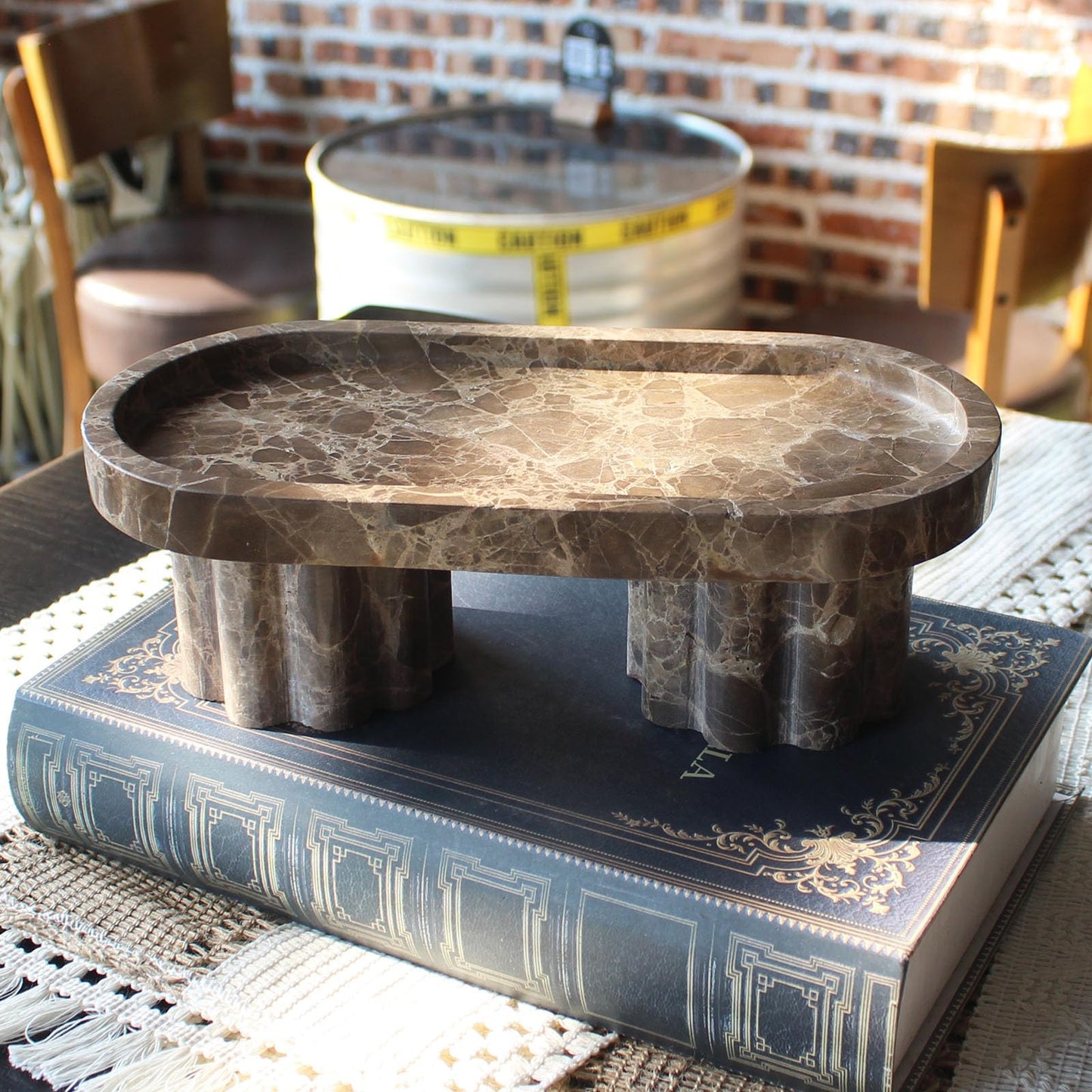 Natural Travertine Marble Oval Tray with 2 Legs, 10" Vanity Decorative Tray for Countertop Organizer, Catchall Tray for Perfume, Candles, Jewelry Dish