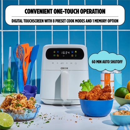 CRUX x Marshmello 3.0 QT Digital Air Fryer with TurboCrisp Technology, Touch Screen Temperature Control, Timer and Auto Shut-off, Fully Programmable, Silicone Cupcake Molds Included, White