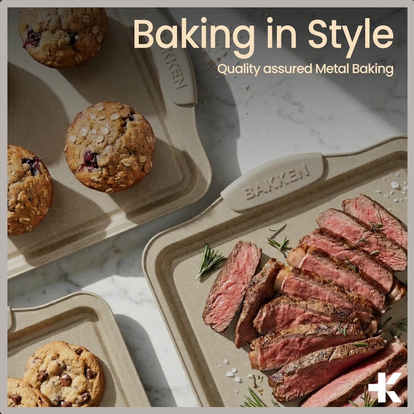 BAKKENMASTER Deluxe 8-Piece Carbon Steel Bakeware Set - Nonstick White Marble Coating, Silicone Handles - Professional Quality Kitchen Oven Baking Pans