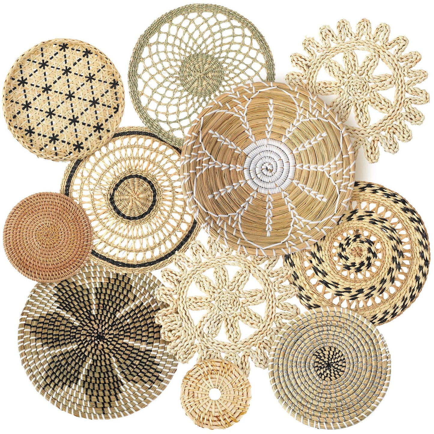 Tatuo 11 Pcs Boho Wall Basket Decor Bulrush Woven Wall Hanging Art Round Farmhouse Rustic Handmade Wicker for Summer Home, Bedroom, Living Room, Kitchen Decorations, Multi Sizes(Vivid)