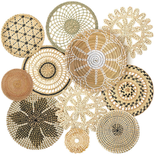 Tatuo 11 Pcs Boho Wall Basket Decor Bulrush Woven Wall Hanging Art Round Farmhouse Rustic Handmade Wicker for Summer Home, Bedroom, Living Room, Kitchen Decorations, Multi Sizes(Vivid)