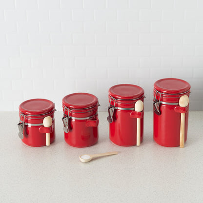 Canister Sets For The Kitchen (4 Piece Set) Red, High Gloss Ceramic | By Home Basics | Decorative | With Wooden Spoons, Countertop Set For Flour, Sugar, Coffee, and Snacks