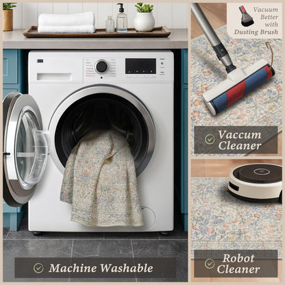 JTJ Washable Kitchen Rugs Sets of 3, Beige Blue Non-Slip Mats with Vintage Botanical Cottage Design, Soft Low-Pile Floor Rug for Sink, Entry and Everyday Home Spaces