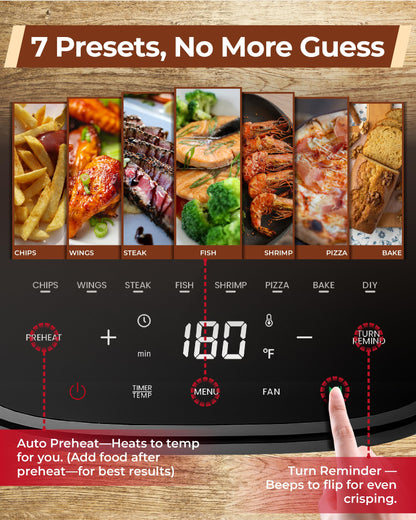 Cartman 4QT Compact Air Fryer, Ultra-Flat 6.7" Height Small Airfryer, Adjustable Airflow Design, Viewing Window, Up to 450℉, 7 Presets Touchscreen, Portable Air Fryer, Black