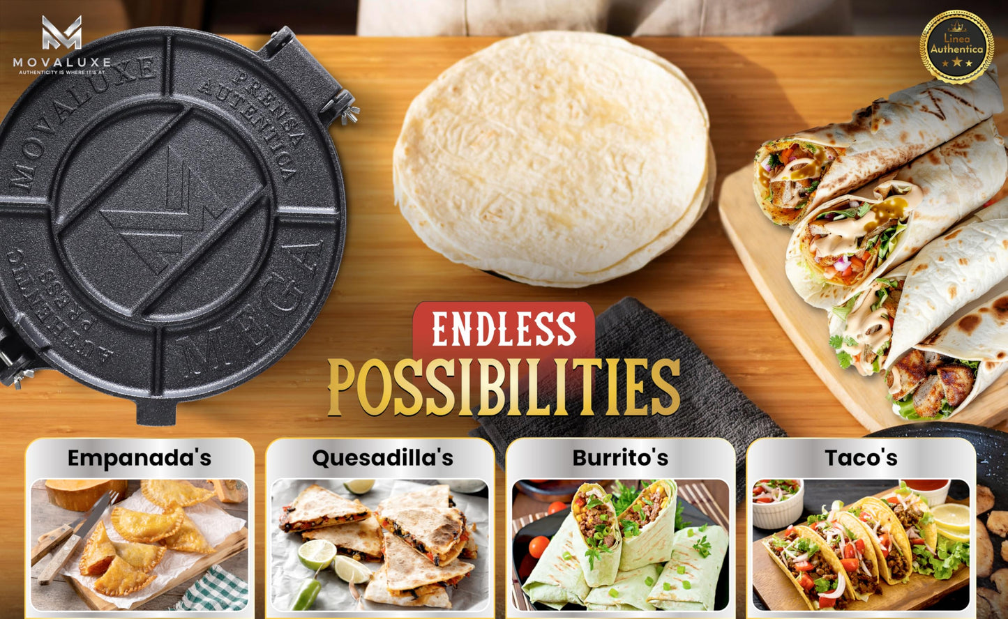 Movaluxe® Linea Authentica 12-Inch Heavy Duty Cast Iron Tortilla Press – Large Burrito & Flour Corn Tortilla Maker System with Warmer Pouch, Taco Holders & Essentials