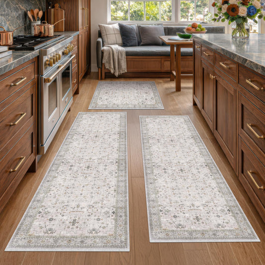 JTJ Vintage Distressed Kitchen Rug Set, Non Slip Washable Soft Floor Mat for Sink Area, Neutral Grey Beige Decorative Runner for Farmhouse Modern Home Décor