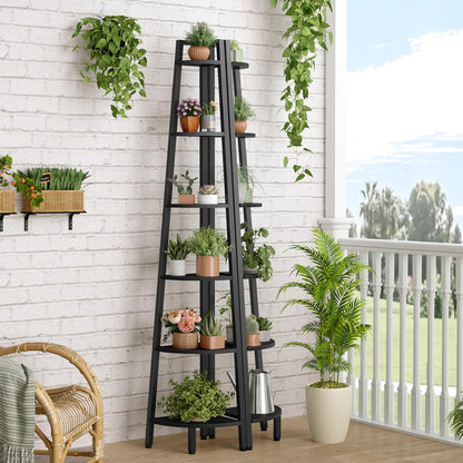 Hoctieon Corner Shelf, 6-Tier Corner Bookshelf, Rustic Ladder Shelf, Industrial Display Stand for Living Room, Kitchen, Home Office, Balcony, Small Space, Metal Frame, Black