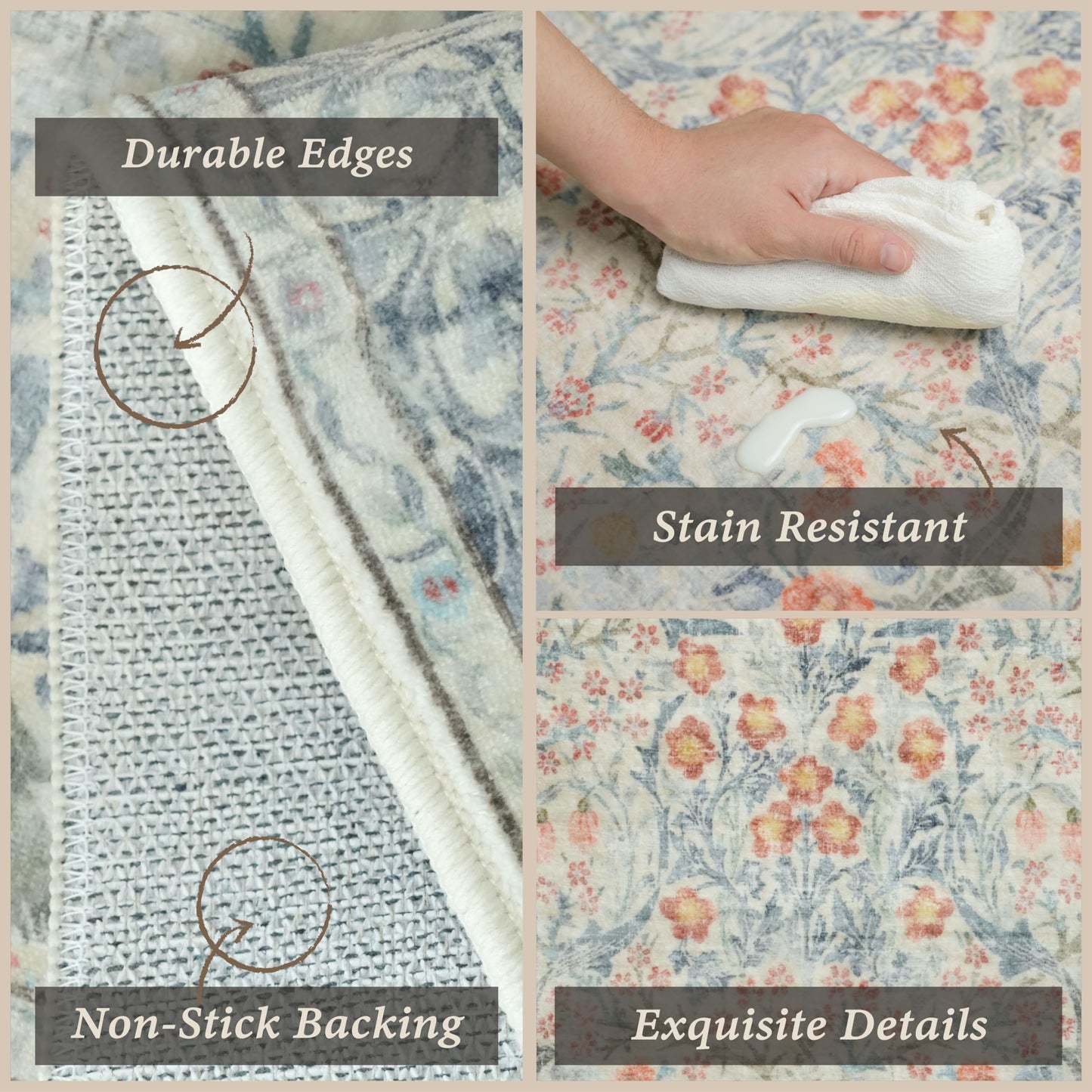 JTJ Washable Kitchen Rugs Sets of 3, Beige Blue Non-Slip Mats with Vintage Botanical Cottage Design, Soft Low-Pile Floor Rug for Sink, Entry and Everyday Home Spaces