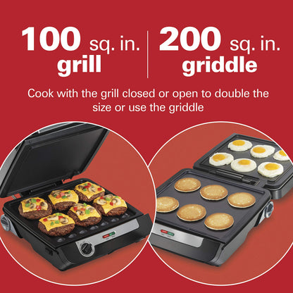 Hamilton Beach 4-in-1 Indoor Grill & Electric Griddle Combo with Bacon Cooker, Opens Flat to Double Cooking Surface, Removable Nonstick Plates, Black & Silver (25601)