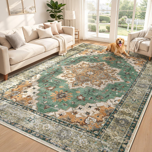 Area Rug 6x9 Vintage Rug: Washable Indoor Medallion Rugs Low Pile Distressed Floor Carpet Retro Accent Rug for Living Room Bedroom Kitchen Dining Table Home Office(Brown Green, 6'x9')