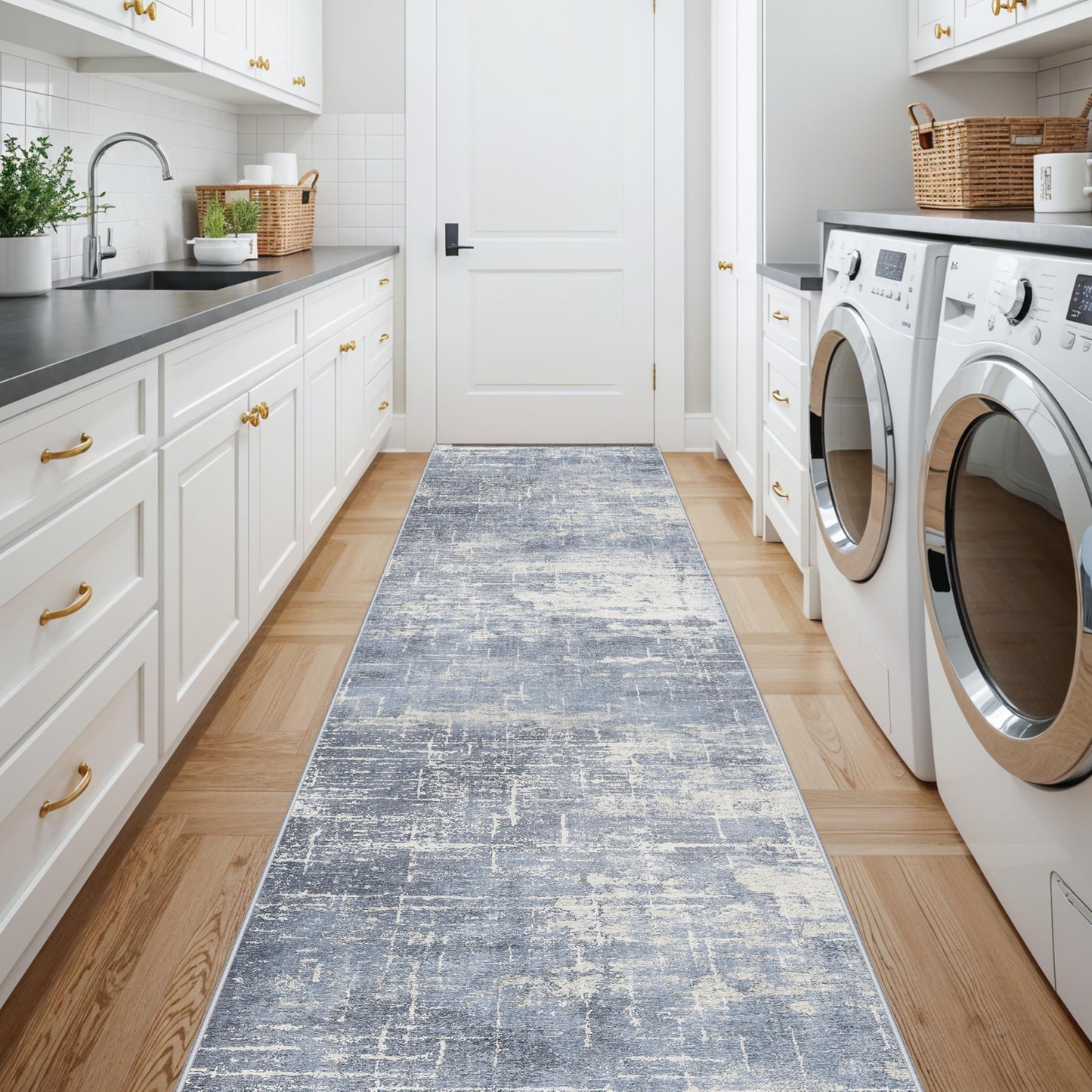 Washable Abstract 14ft Runner Rug: Non-Slip Low-Pile Rug Runner Soft Beside Carpet Indoor Farmhouse Entryway Floor Mat Bathroom Living Room Stain Resistant Area Rugs Cozy Home Decor(2'6x14,Blue/ivory)