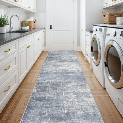 Washable Abstract 14ft Runner Rug: Non-Slip Low-Pile Rug Runner Soft Beside Carpet Indoor Farmhouse Entryway Floor Mat Bathroom Living Room Stain Resistant Area Rugs Cozy Home Decor(2'6x14,Blue/ivory)