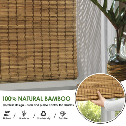LazBlinds Cordless Bamboo Roman Shades, Privacy Blinds for Interior Windows, Room Darkening Roll Up Bamboo Blinds for Home & Patio, 32.5" W x 64" H, Highfield Teak
