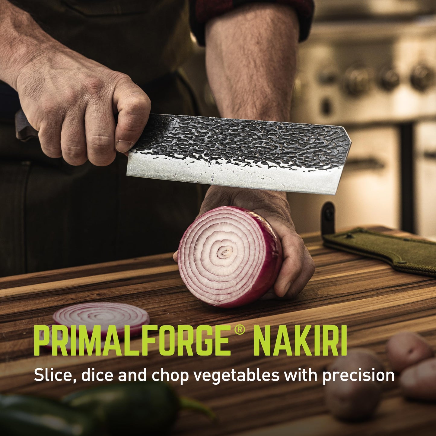 TRUE PrimalForge Nakiri Knife | Precision Cutting, Vegetable Cutlery, Home & Professional Knife, Rugged Stonewash Finish, Sharp 5Cr15MoV Stainless-Steel, Wood Handle, Hand Forged Appearance