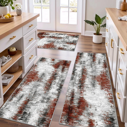 Tritard Upgrade Non Slip Kitchen Rugs Sets of 3 Washable Kitchen Mats for Floor Abstract Kitchen Runner Rug Soft Floor Mat Set Kitchen Carpet Rugs for Hallway, Laundry, Entryway, Office, Rust Red