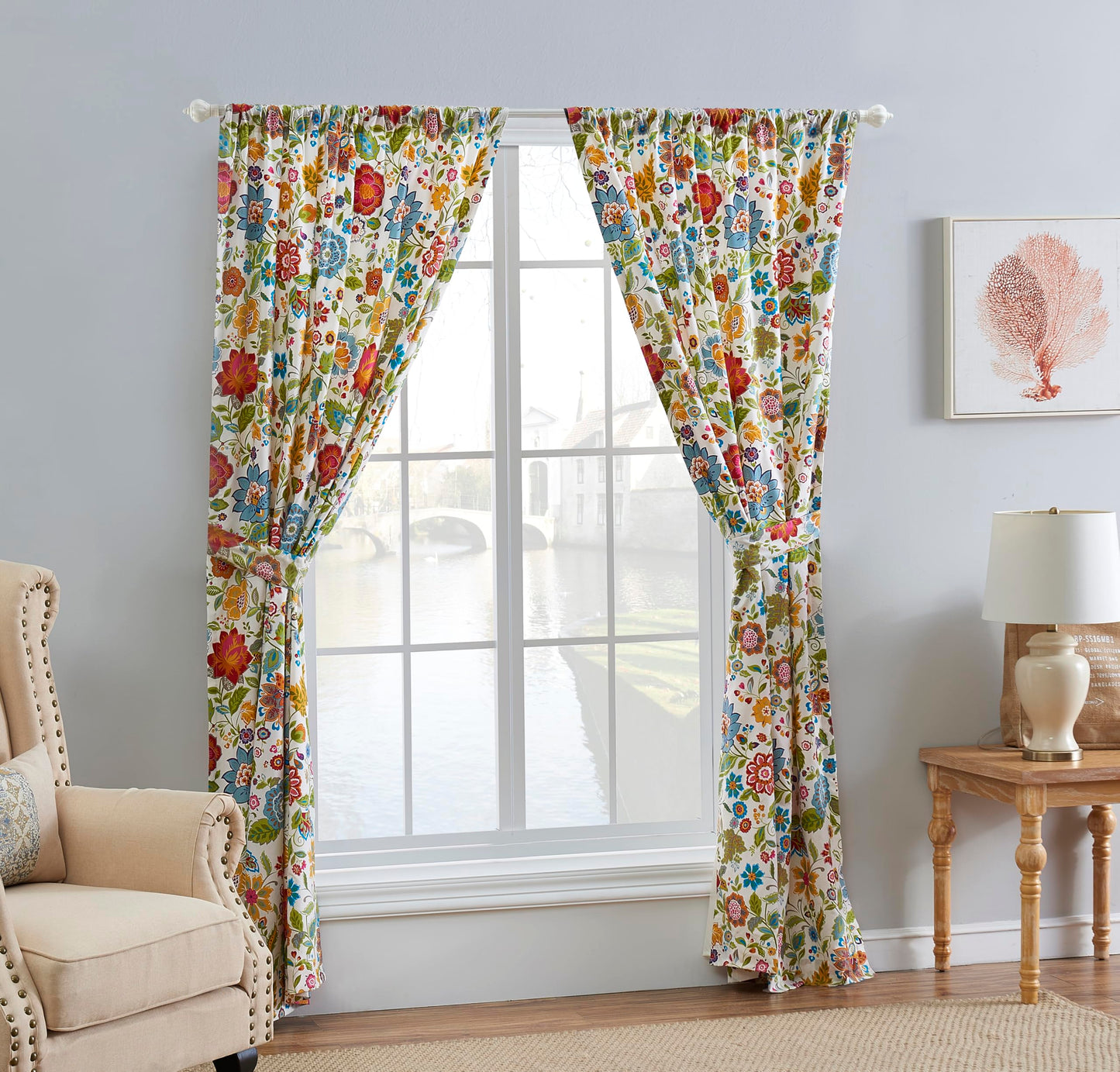 Greenland Home Astoria Semi-Sheer Curtain Panels, Set of 2, Lined, with Tiebacks, 95 L x 42 W (x2), White