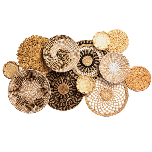Laquedecraft Set 12 Boho Wicker Rattan Plate Basket Set For Décor Hanging Wall | Large Woven Farmhouse Rustic Bohemian Art Baket Hangings For Decorative Home, Bedroom, Living Room, Kitchen, Bathroom (Classic, 12)