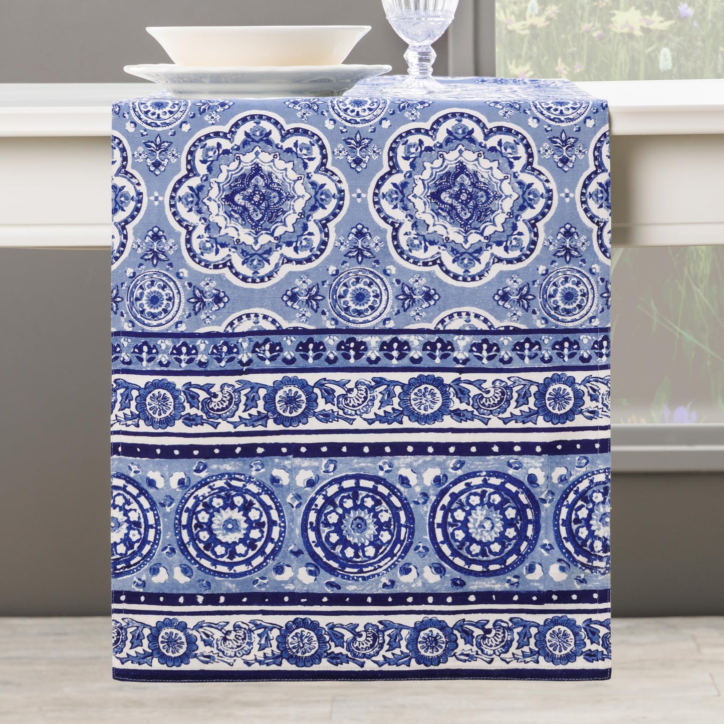 Maison d' Hermine Table Runner 100% Cotton Double Layer Table Runners 108 inches Long Decorative for Home Kitchen Dining Party Gifts for Mothers Day Spring Summer (Melodie Bleue )