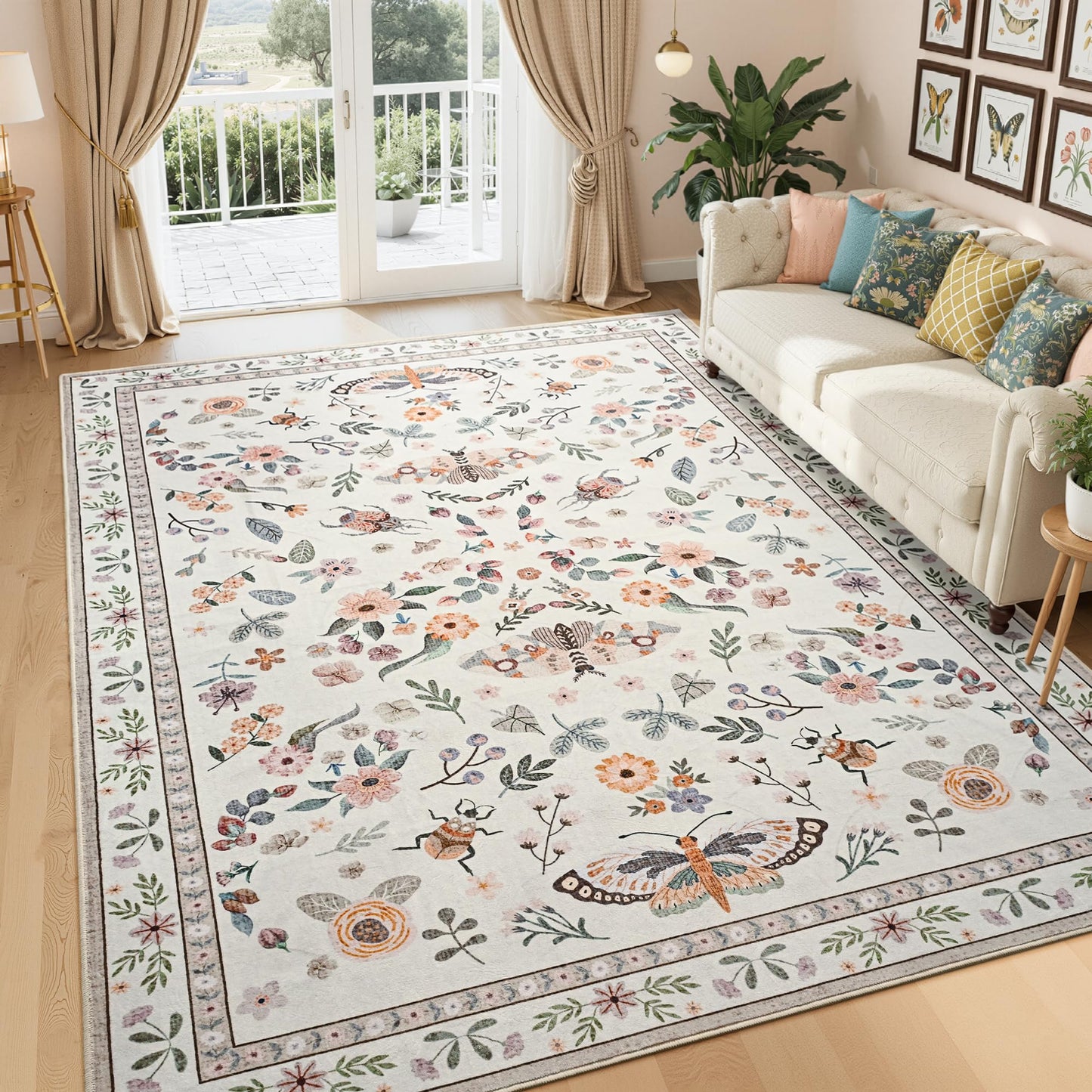 Foxmas Washable Area Rugs for Living Room, 5x7 Non-Slip Butterfly Floral Print Throw Rug, Low Pile Modern Indoor Floor Rug, Carpet for Bedroom Dining Room Laundry Room Kitchen Home Office，Beige