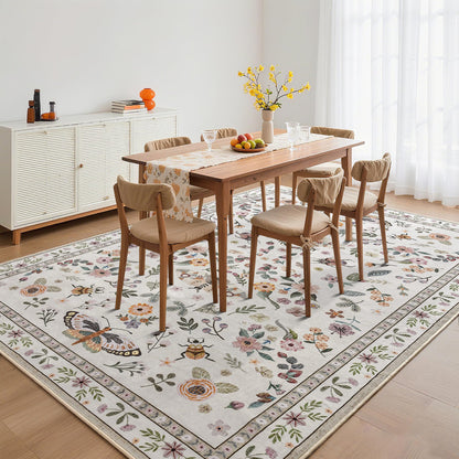 Foxmas Washable Area Rugs for Living Room, 5x7 Non-Slip Butterfly Floral Print Throw Rug, Low Pile Modern Indoor Floor Rug, Carpet for Bedroom Dining Room Laundry Room Kitchen Home Office，Beige