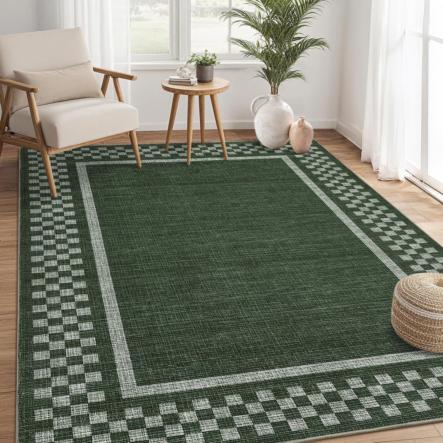 GarveeHome Washable Area Rug 4x6 Small Living Room Rugs Modern Bordered Soft Dining Room Throw Carpet Low Pile Non Slip Checkered Bedroom Rug Geometric Carpet for Nursery Kitchen Home Office, Green