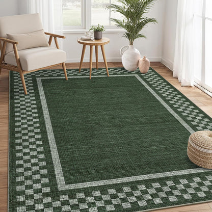 GarveeHome Washable Area Rug 4x6 Small Living Room Rugs Modern Bordered Soft Dining Room Throw Carpet Low Pile Non Slip Checkered Bedroom Rug Geometric Carpet for Nursery Kitchen Home Office, Green