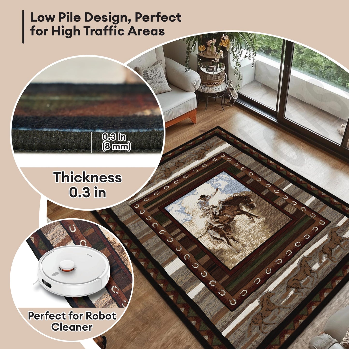 ACANTILA Texas Cowboy Area Rug for Farmhouse Western Decor, 3x5 ft Machine Washable, Southwestern Rugs, Non-Slip Low Pile Indoor Floor Carpet for Bedroom Dining Room Kitchen Home Office