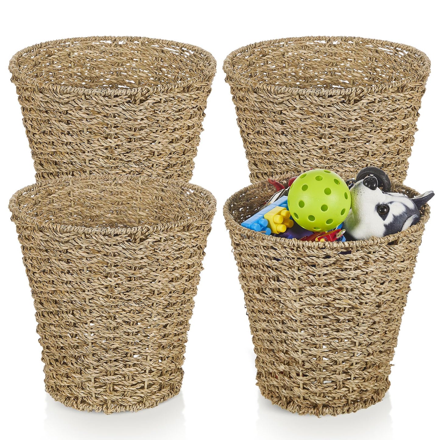 Hushee 4 Pcs Seagrass Waste Basket 3 Gallons Wicker Waste Basket Woven Rattan Trash Can Boho Wicker Garbage Can for Bathroom Bedroom Kitchen Offices Home, Brown