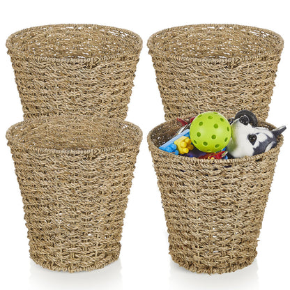 Hushee 4 Pcs Seagrass Waste Basket 3 Gallons Wicker Waste Basket Woven Rattan Trash Can Boho Wicker Garbage Can for Bathroom Bedroom Kitchen Offices Home, Brown