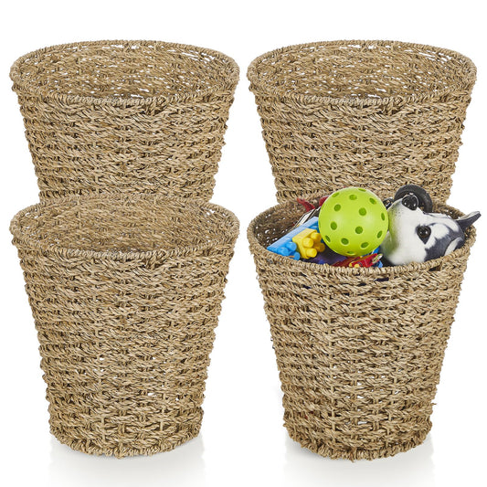 Hushee 4 Pcs Seagrass Waste Basket 3 Gallons Wicker Waste Basket Woven Rattan Trash Can Boho Wicker Garbage Can for Bathroom Bedroom Kitchen Offices Home, Brown