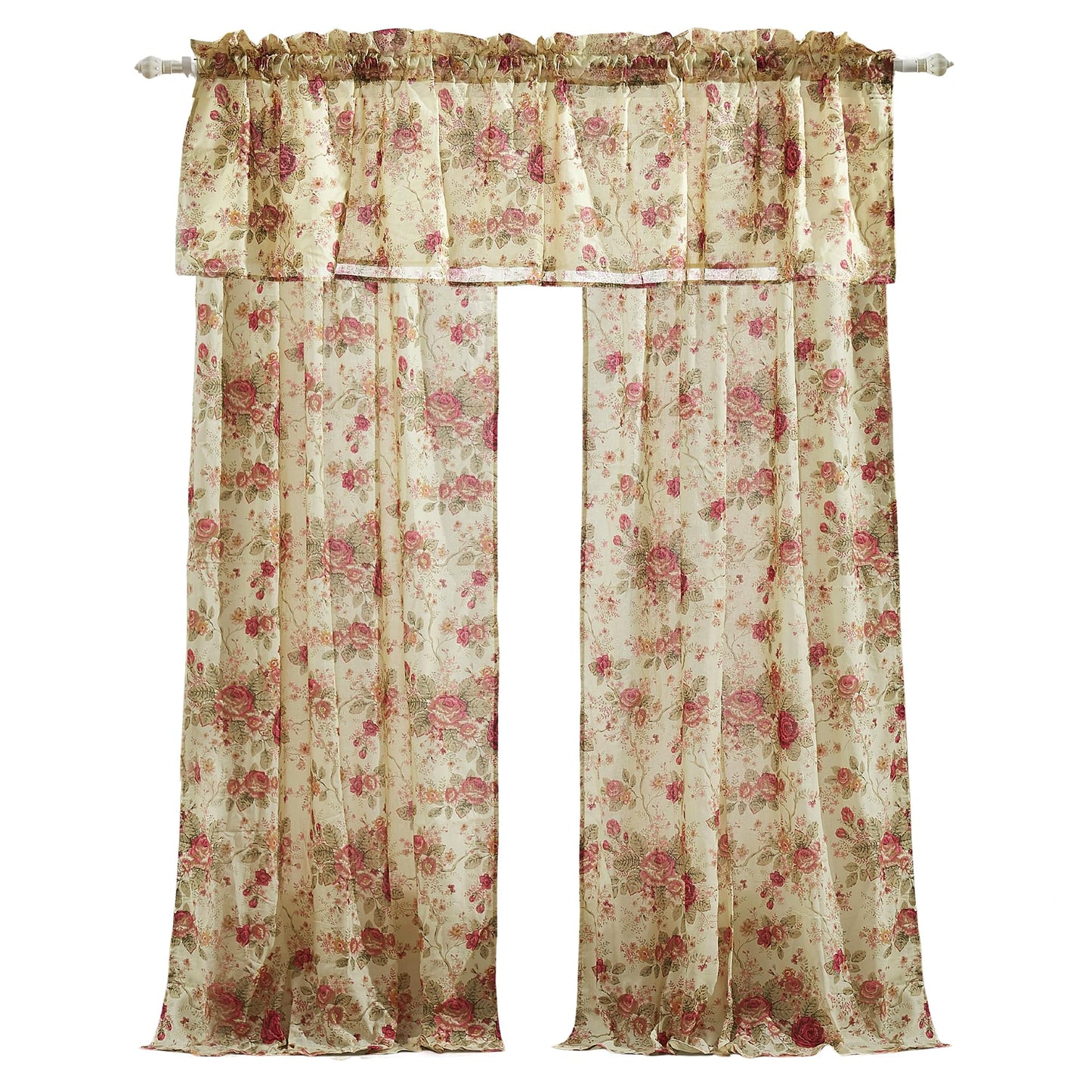 Greenland Home Antique Rose 100% Cotton Window Treatment, Panel Pair + Valance, Ecru