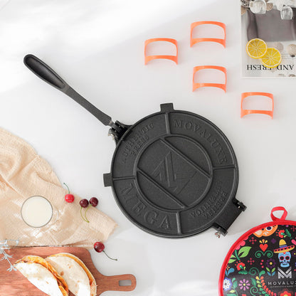 Movaluxe® Linea Authentica 12-Inch Heavy Duty Cast Iron Tortilla Press – Large Burrito & Flour Corn Tortilla Maker System with Warmer Pouch, Taco Holders & Essentials