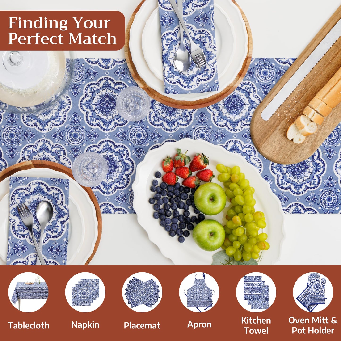 Maison d' Hermine Table Runner 100% Cotton Double Layer Table Runners 108 inches Long Decorative for Home Kitchen Dining Party Gifts for Mothers Day Spring Summer (Melodie Bleue )