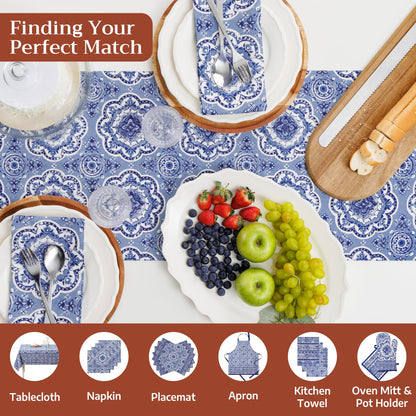 Maison d' Hermine Table Runner 100% Cotton Double Layer Table Runners 108 inches Long Decorative for Home Kitchen Dining Party Gifts for Mothers Day Spring Summer (Melodie Bleue )