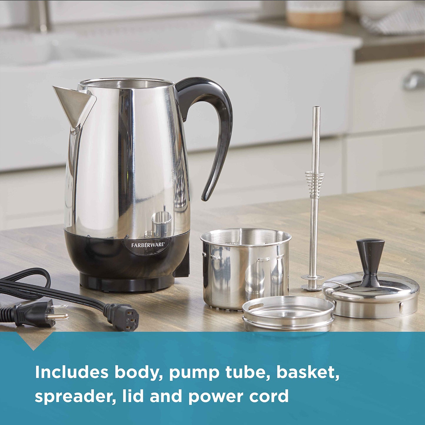 Farberware Electric Coffee Percolator, Stainless Steel Basket, Automatic Keep Warm, No-Drip Spout, 8 Cup