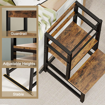 INNOD Kitchen Step Stool for Toddlers, Height Adjustable Toddler Tower with Safety Rail, Steel and Wood Toddler Kitchen Stool Helper Kids, Stool for Kids, Learning Tower, Kids' Desk Brown