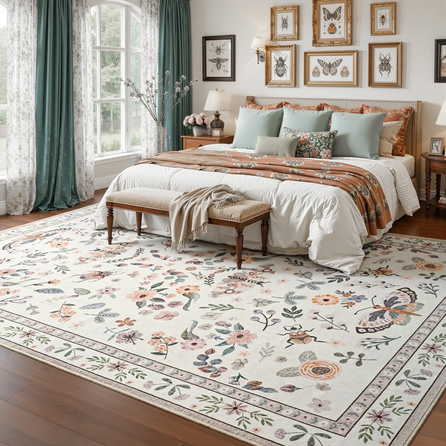 Foxmas Washable Area Rugs for Living Room, 5x7 Non-Slip Butterfly Floral Print Throw Rug, Low Pile Modern Indoor Floor Rug, Carpet for Bedroom Dining Room Laundry Room Kitchen Home Office，Beige