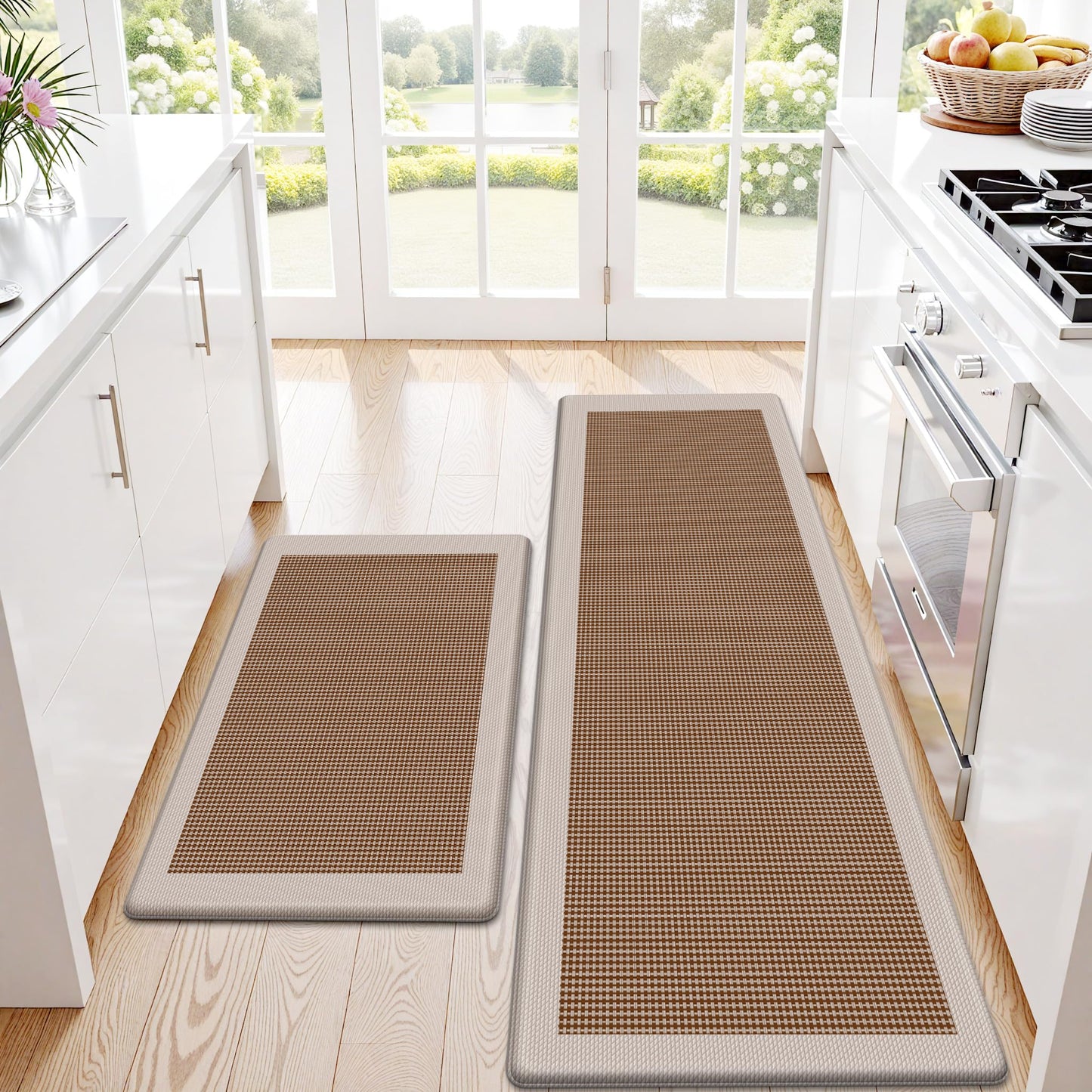 SofterCharm Kitchen Mats, 2PCS Kitchen Rugs for Floor, Cushioned Anti-Fatigue Mats for Kitchen Floor, Non-Slip Standing Desk Mat for Sink, Home, Laundry & Office, 17.3"x30"+17.3"x59" (Khaki)