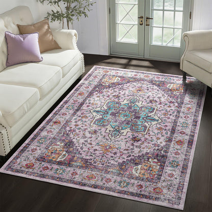 Softlife Washable Area Rug for Living Room, 5x7 Purple Large Boho Accent Rugs for Bedroom Bathroom Kitchen Under Dinning Table, Neutral Non-Slip Carpet for Nursery Kids Laundry Dorm Home Decor
