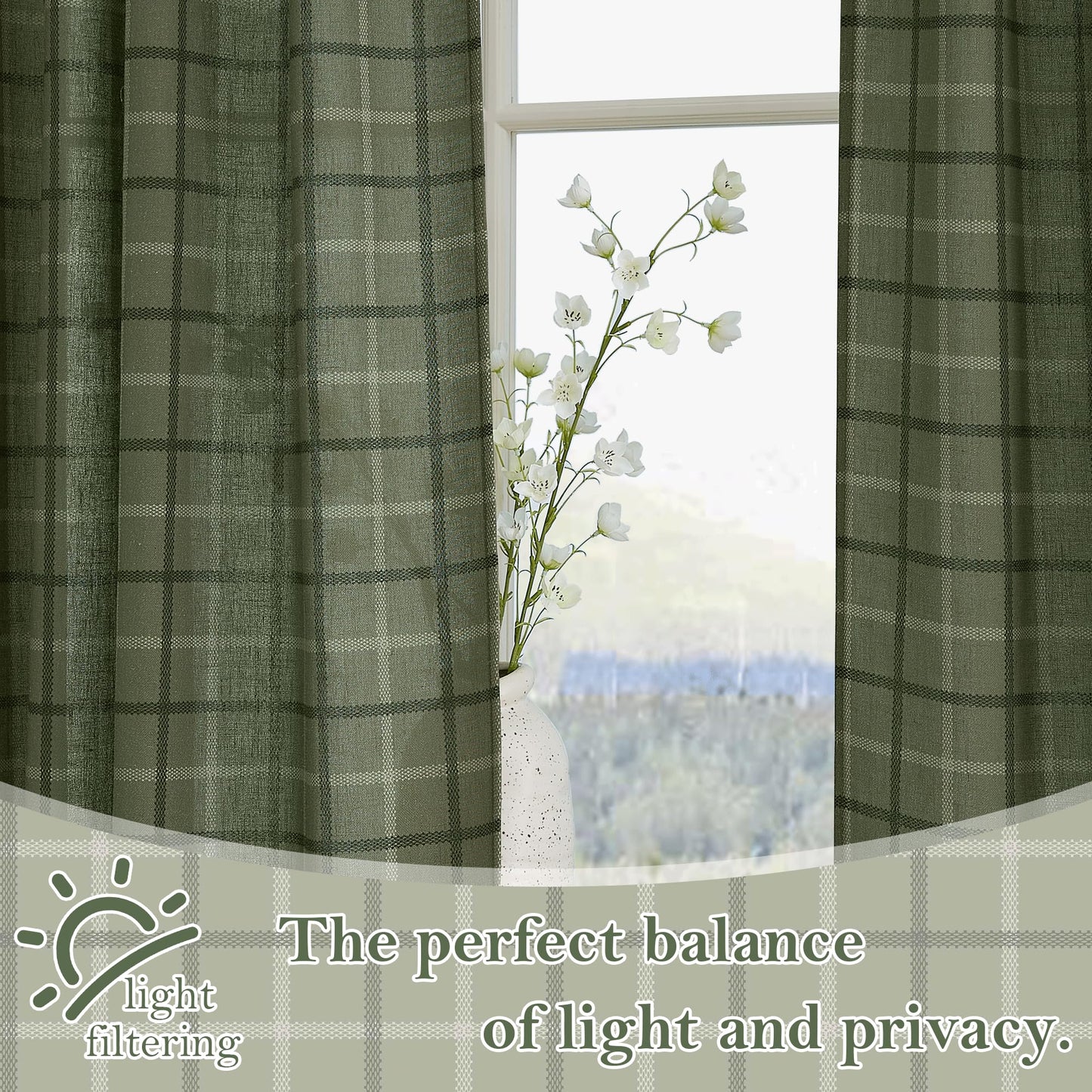 RYB HOME Green Plaid Curtains for Living Room Dining Room, Linen Blend Light Filtering Semi-Sheer Privacy Farmhouse Checkered Window Treatment for Kitchen Bedroom, W52 x L96 Inch, 2 Panels