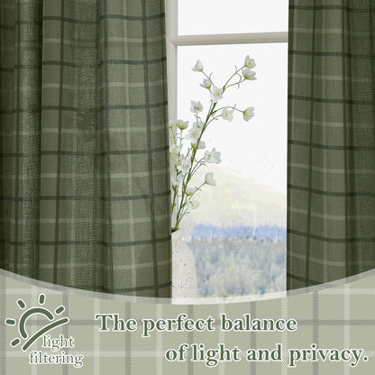 RYB HOME Green Plaid Curtains for Living Room Dining Room, Linen Blend Light Filtering Semi-Sheer Privacy Farmhouse Checkered Window Treatment for Kitchen Bedroom, W52 x L96 Inch, 2 Panels