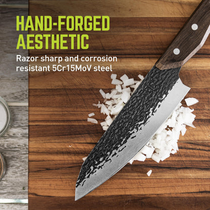 TRUE PrimalForge Chef Knife | All-Purpose Knife, Slice Dice Chop & Mince, Home & Professional, Rugged Stonewash Finish, Sharp 5Cr15MoV Stainless-Steel, Wood Handle, Hand Forged Appearance